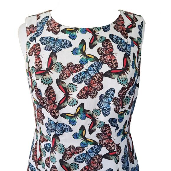 TALBOTS Butterfly Print Linen-Blend Midi Dress Sz 6 A-line Summer Modest A-line - Picture 3 of 10
